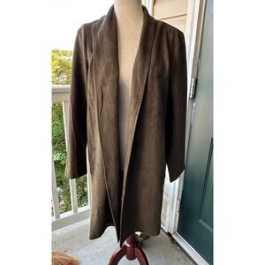NWT THML Faux Suede Olive Green Duster Coat Medium Soft Longline Jacket Cozecore